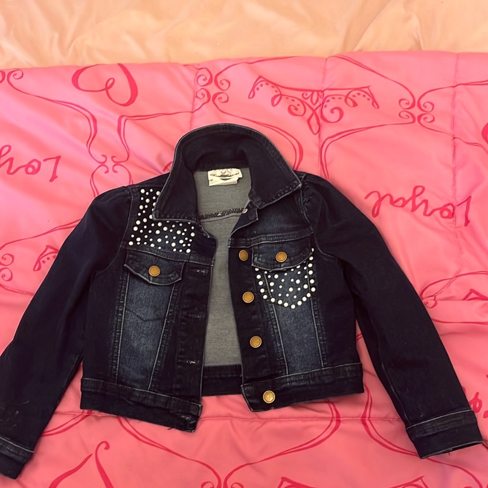Rare editions dark rhinestone jean jacket